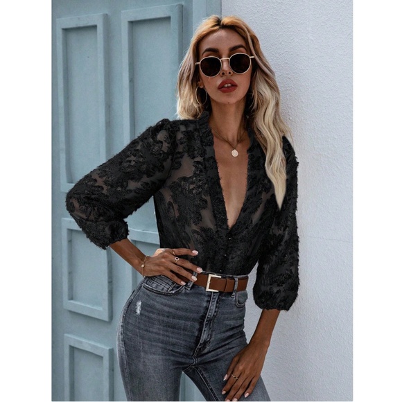 Black Casual Textured Shirt Button Up Down Floral - Picture 7 of 9